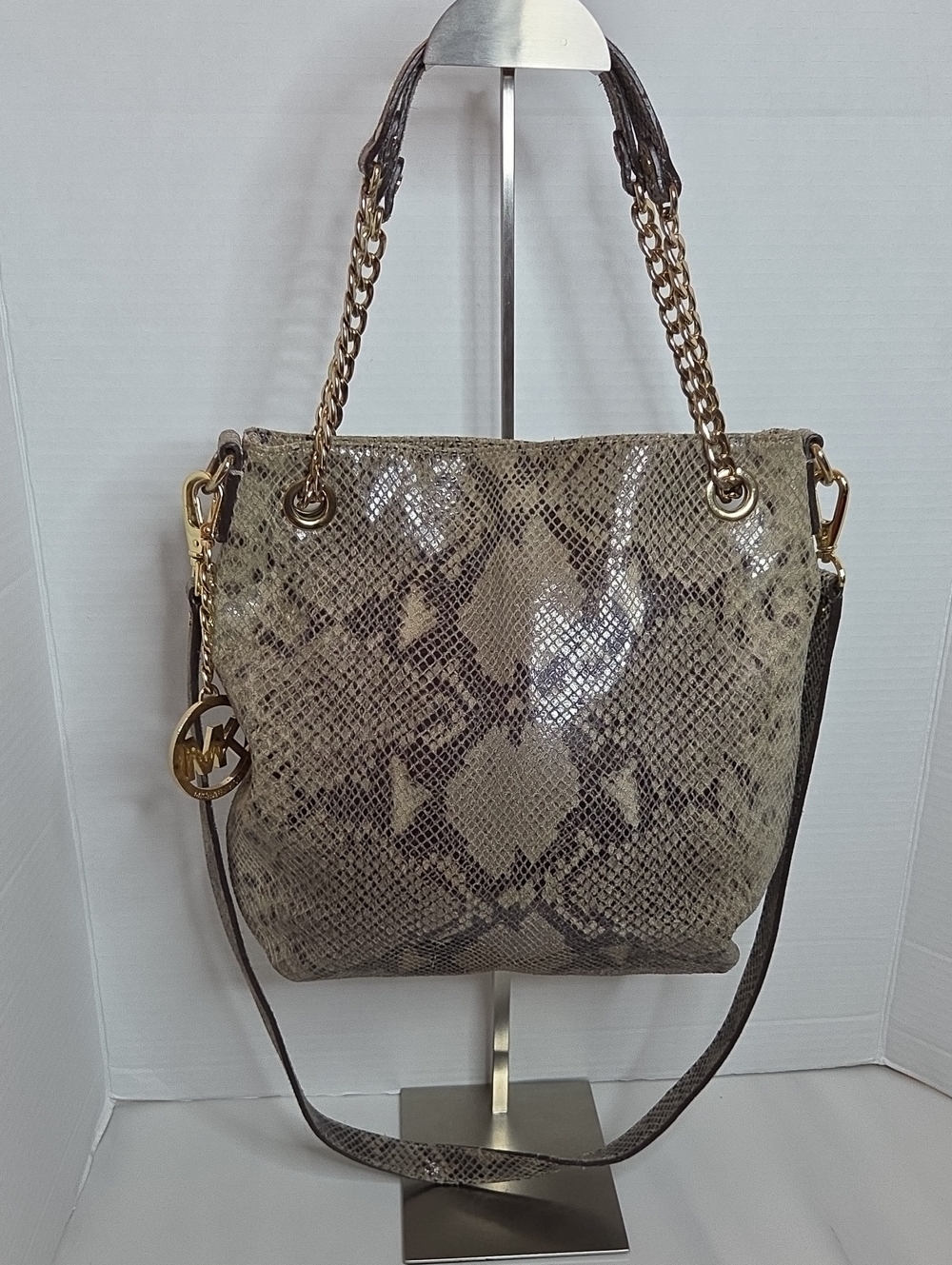 Michael Kors Beige and Dark Brown Snake-Print Chain Shoulder Bag